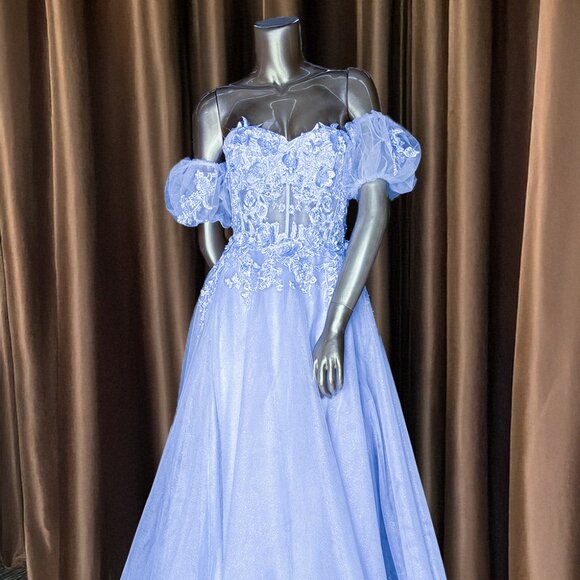 NEW A-LINE FLORAL EMBELLISHED GOWN W/ SWEETHEART NECK & PUFF SLEEVELESS AC 3041 - Picture 3 of 10